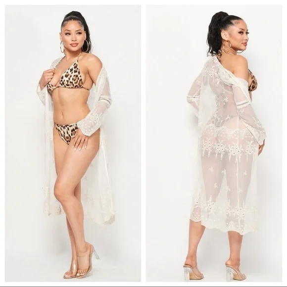 White Embroidery Mesh Beach Cover Up Cardigan - Picture 3 of 4